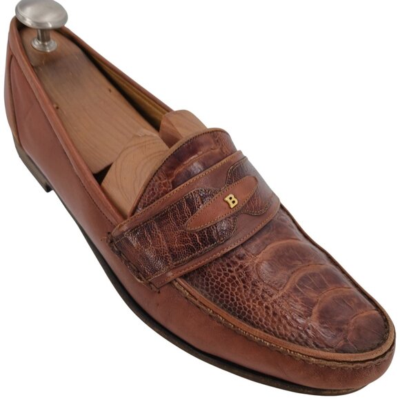 Vintage Bally Italy Exotic Ostrich Leg Leather Brown Loafers Mens 12 Dress Shoes - Picture 2 of 11
